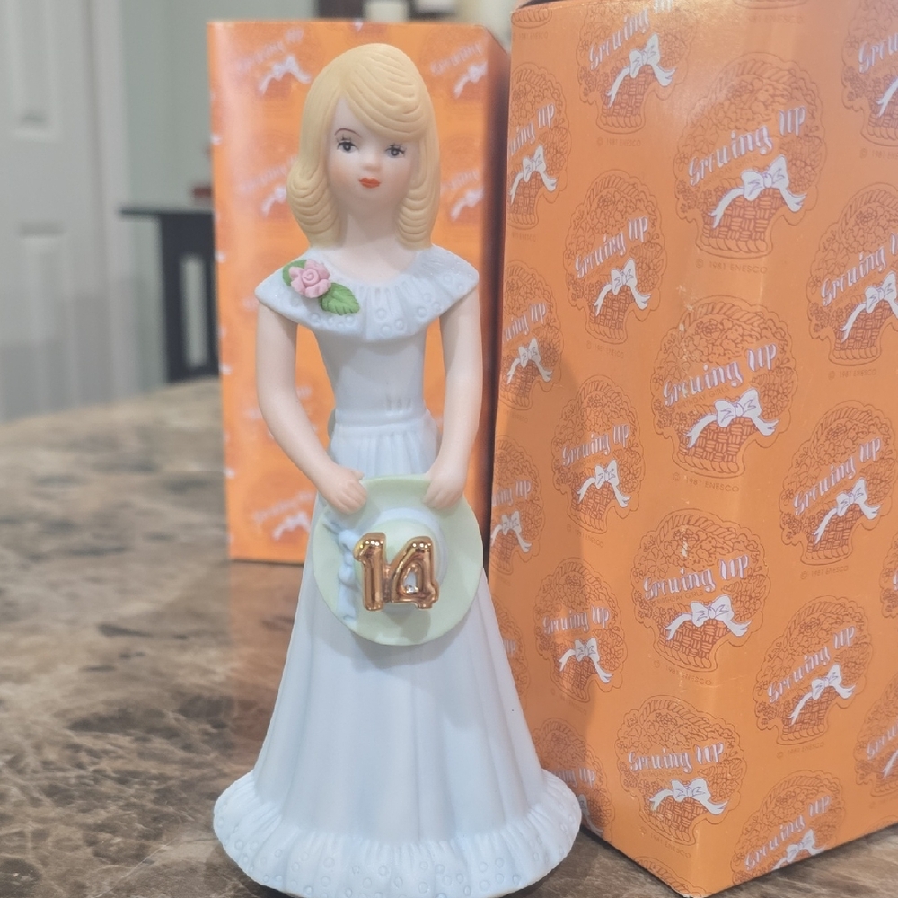Enesco Collectible Blonde Girl 14th Birthday Figurine In Blue Dress. NIB